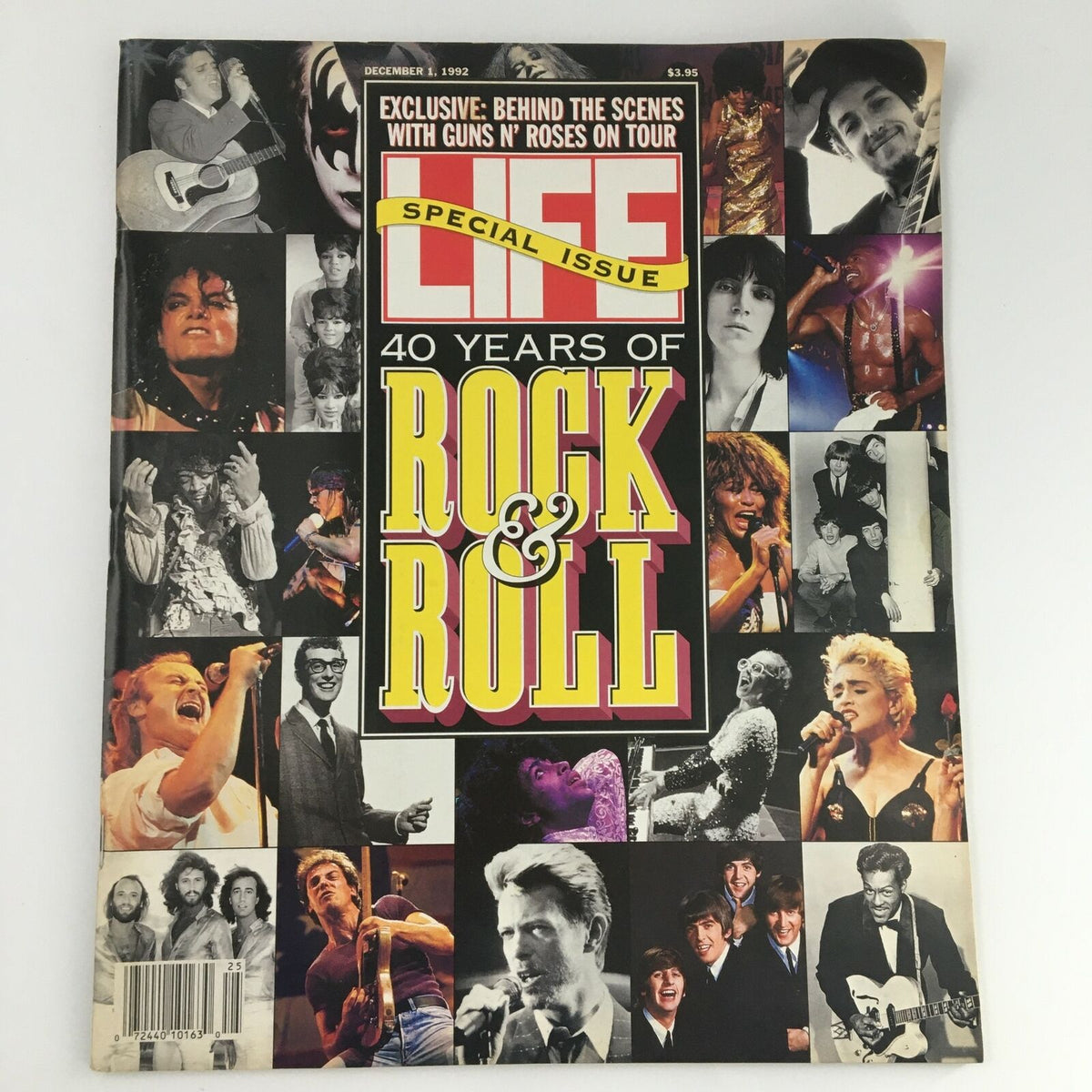 Life Magazine December 1, 1992, featuring an exclusive behind-the-scenes look at Guns N' Roses on tour, showcasing various iconic rock artists in a collage format, celebrating 40 years of rock & roll.
