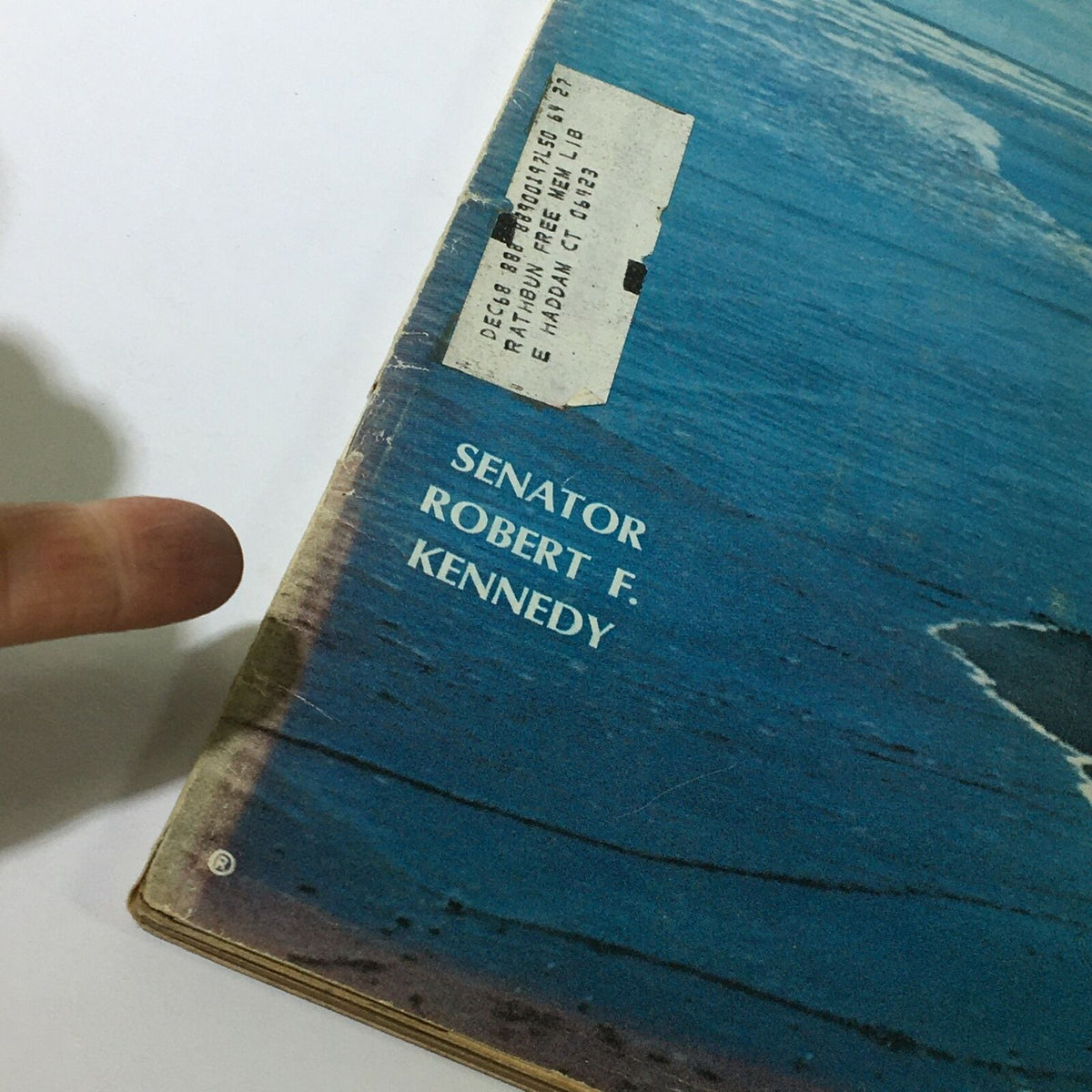 Close-up view of the spine of the vintage Life Magazine from June 14, 1968, displaying the name Senator Robert F. Kennedy and an address label.