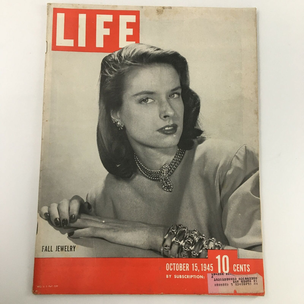 VTG Life Magazine October 15 1945 with Fall Jewelry cover feature, showcasing a stylish woman adorned with jewelry and bold red title.