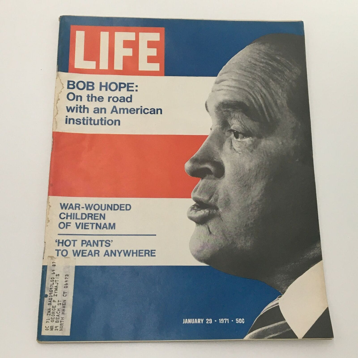 Vintage Life Magazine cover from January 29, 1971, featuring American-British comedian Bob Hope, with headlines discussing his American influence and societal topics.