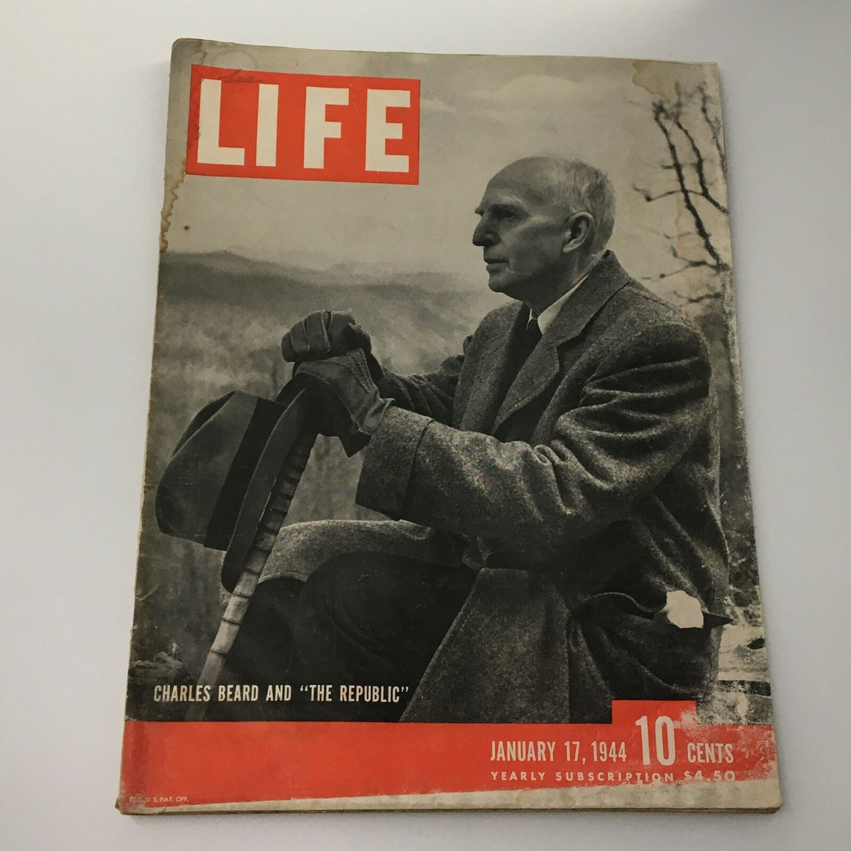 Vintage Life Magazine cover from January 17, 1944, featuring Charles Beard and 'The Republic'. The cover showcases Beard seated outdoors, with a landscape background, reflecting a significant moment in American history.