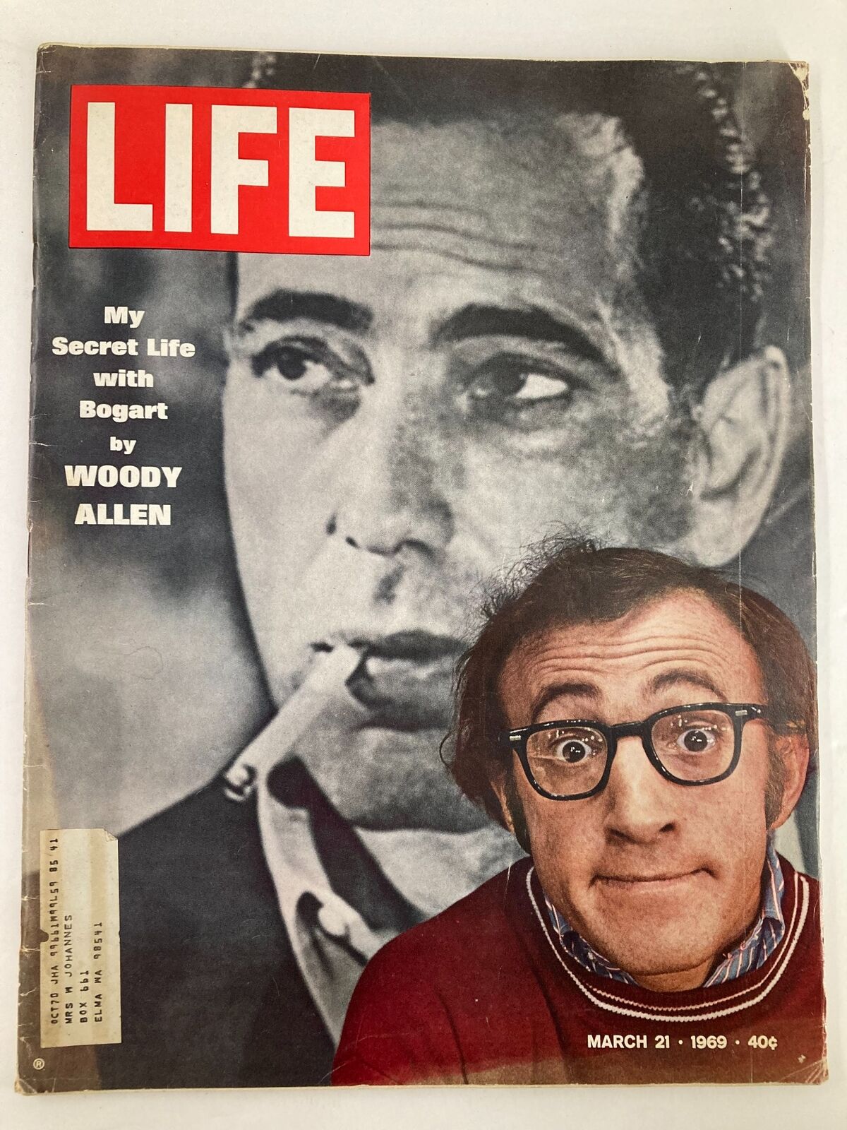 Cover of VTG Life Magazine from March 21, 1969 featuring the article 'My Secret Life with Bogart' by Woody Allen, showcasing a black and white image of Humphrey Bogart and Woody Allen with the magazine title prominently displayed.