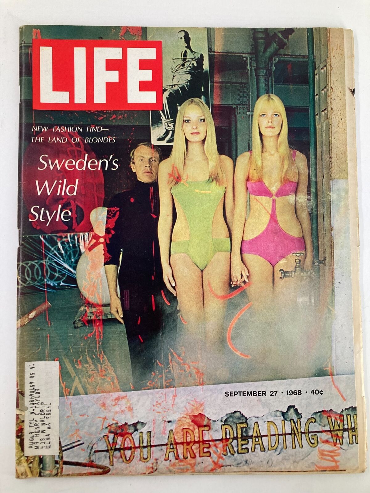 Vintage Life Magazine cover from September 27, 1968, featuring 'The Land of Blondes: Sweden's Wild Style.' The magazine showcases models in colorful outfits against a vibrant backdrop, capturing 1960s fashion trends.