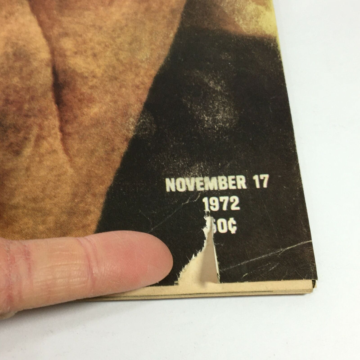 Close-up of the bottom corner of the cover of VTG Life Magazine November 1972, showing details including the date November 17, 1972, and a minor tear, associated with the feature on Richard Nixon.