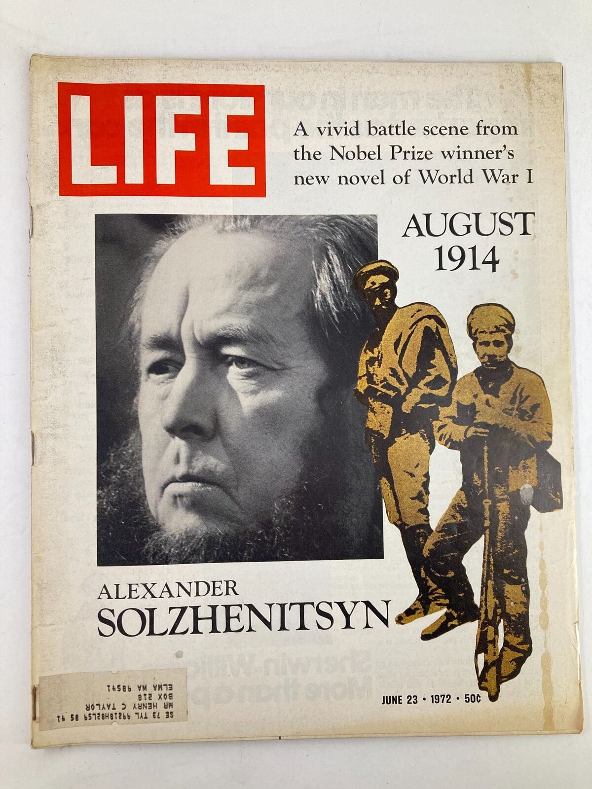 Cover of VTG Life Magazine dated June 23, 1972, featuring Alexander Solzhenitsyn and a depiction of World War I, highlighting the title 'August 1914'.
