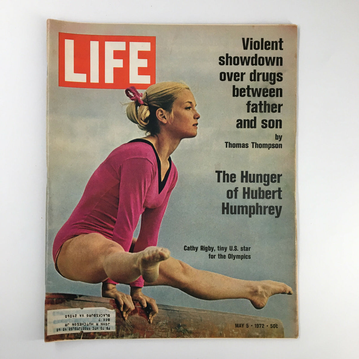 Cover of VTG Life Magazine dated May 5, 1972 featuring Cathy Rigby, the tiny U.S. star for the Olympics, highlighting her pose in a pink athletic outfit. The magazine includes articles on various topics, including a mention of Hubert Humphrey.