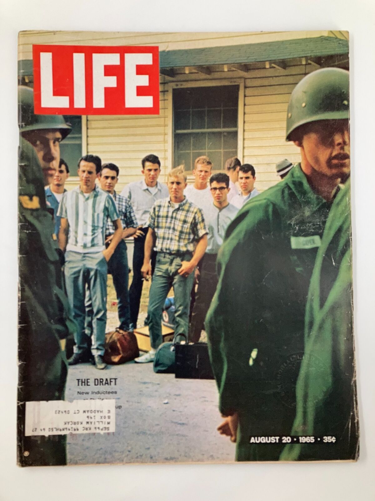 Cover of VTG Life Magazine dated August 20, 1965, featuring an image related to the draft and new inductees at Ft. Knox, showcasing young men awaiting military induction.
