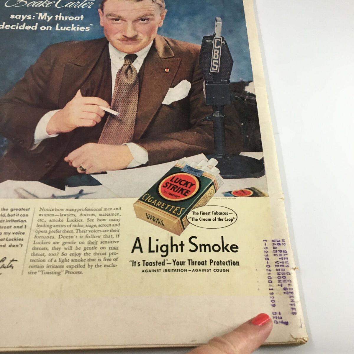 Vintage Life Magazine June 28, 1937 featuring an advertisement for Lucky Strike cigarettes along with a formal gentleman at a CBS microphone, showcasing a glimpse into 1930s advertising and culture.