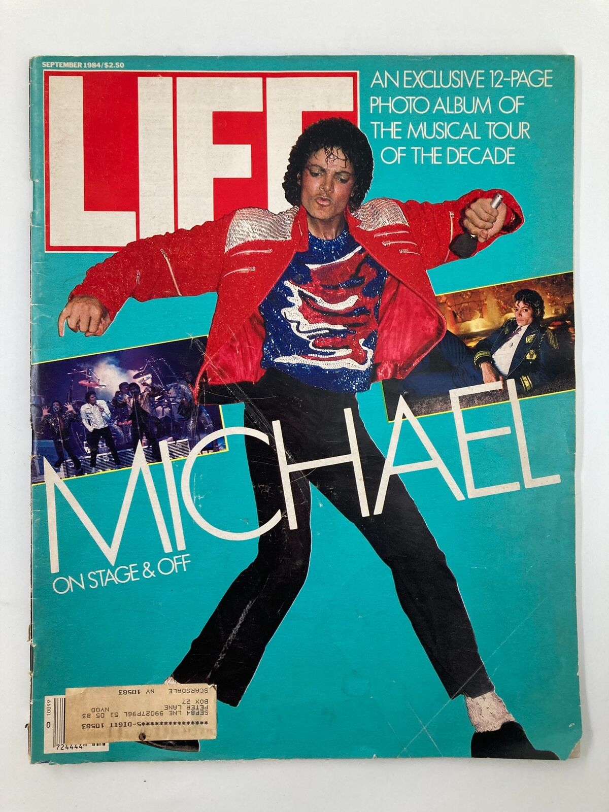 September 1984 Life Magazine featuring Michael Jackson on stage and off, showcasing a vibrant cover design with a photo of Jackson in a red jacket. This collectible magazine includes an exclusive 12-page photo album of his musical tour, highlighting the pop icon's influence in the 1980s.