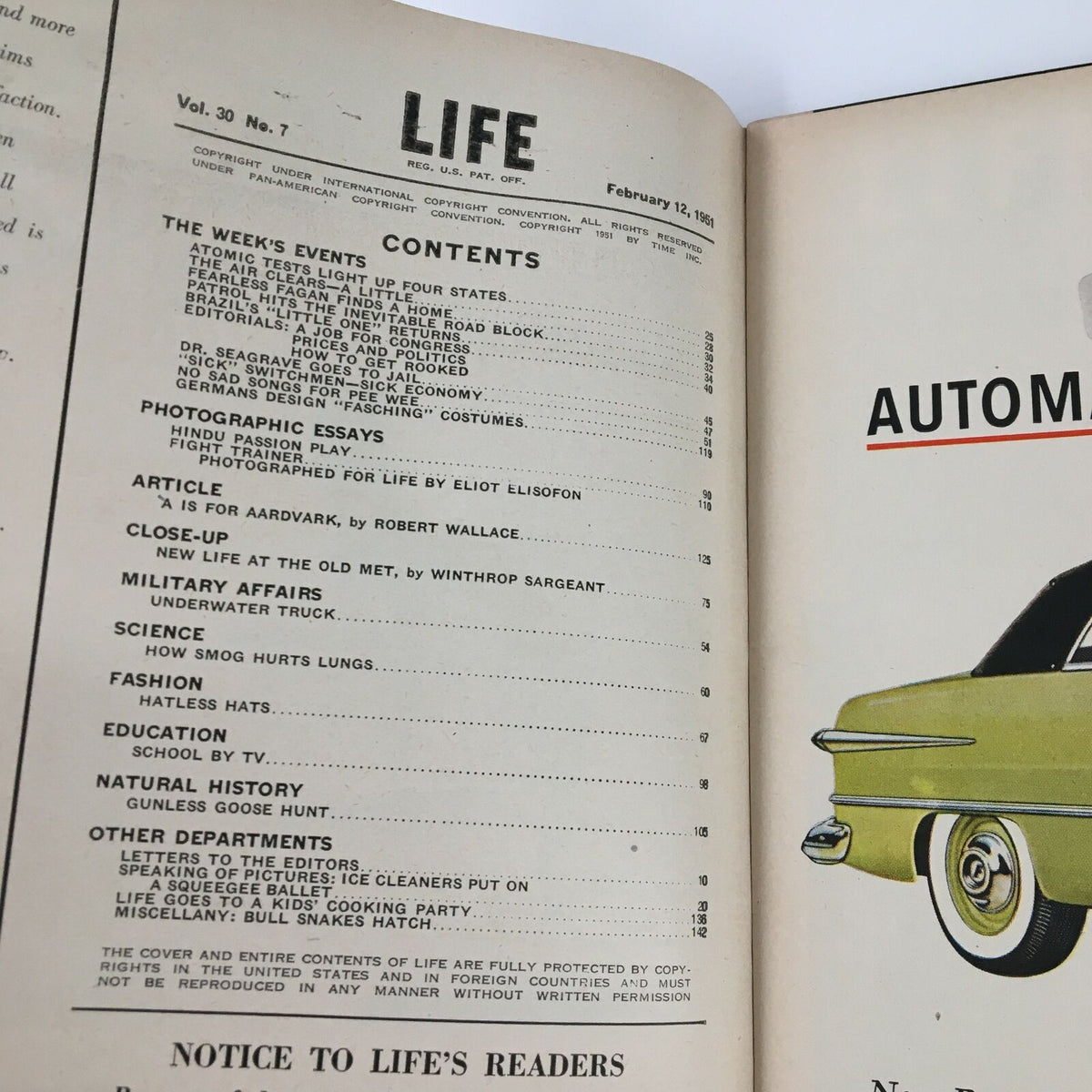 Interior page of VTG Life Magazine February 12 1951 showing the table of contents, detailing articles on atomic tests and cultural insights from the 1950s.
