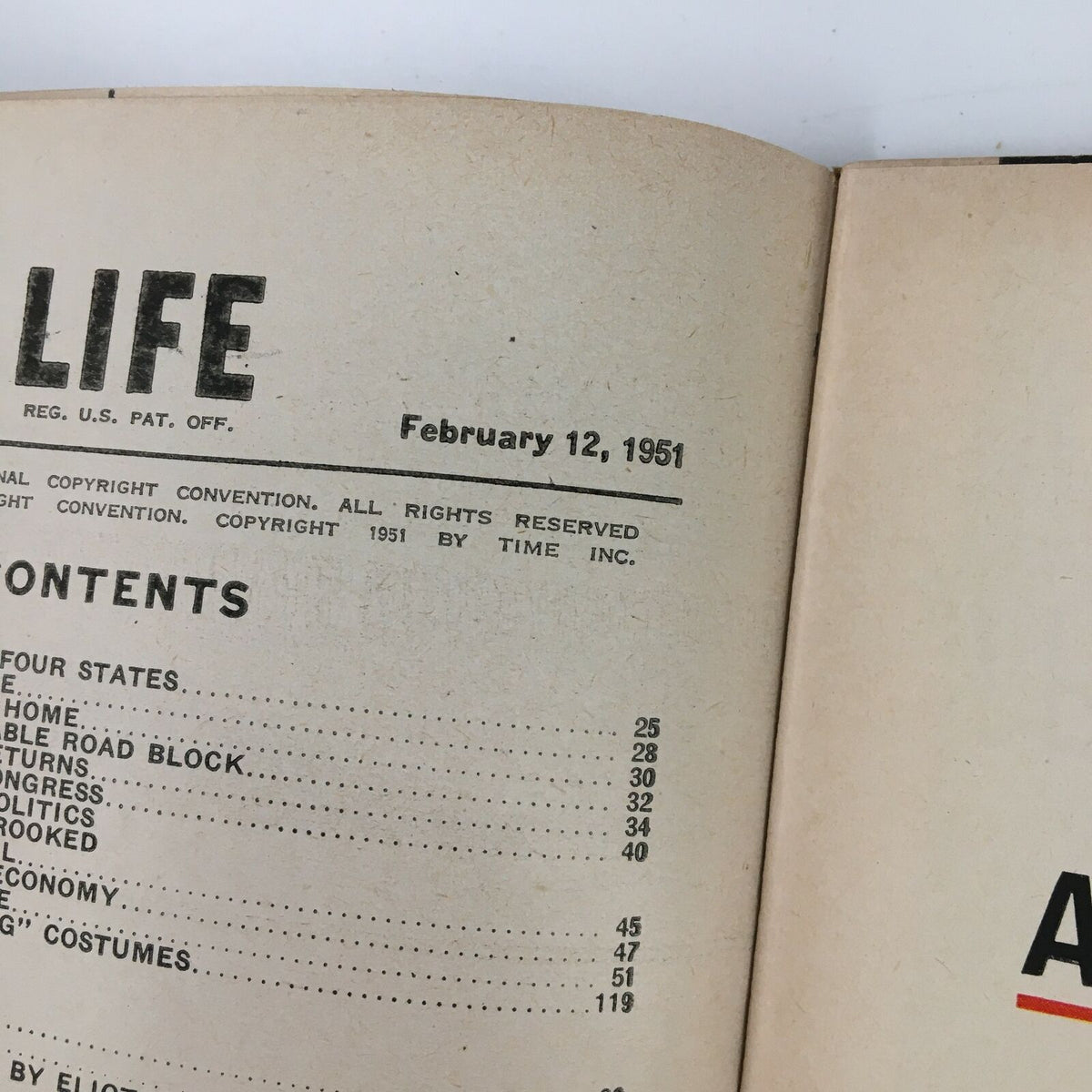 VTG Life Magazine February 12 1951 showing the contents page featuring articles on atomic tests that lit up four states.