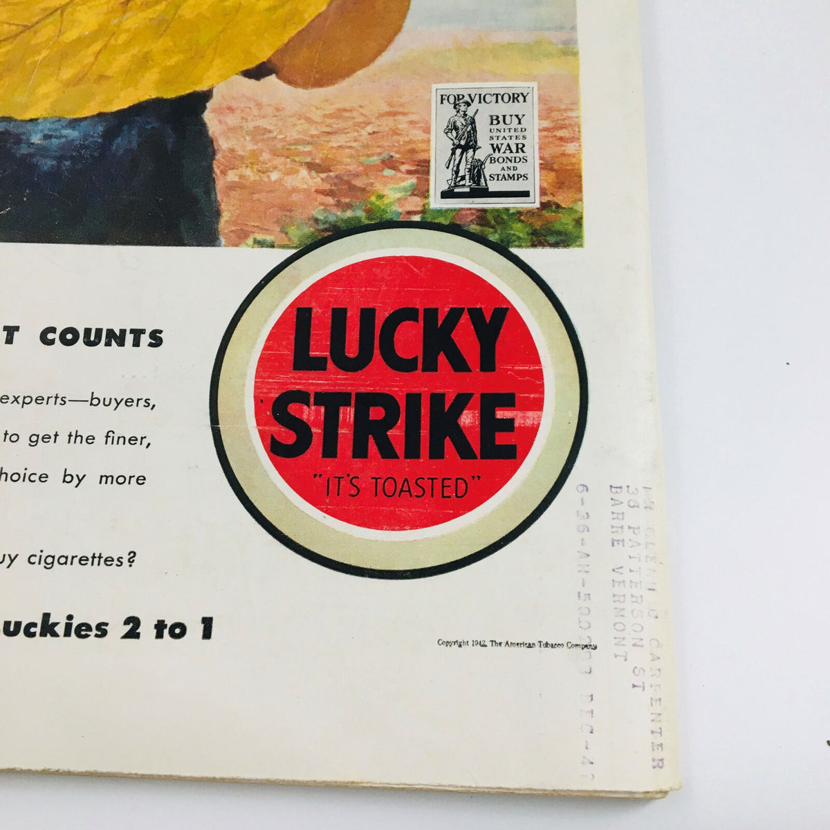 Advertisement from the back cover of VTG Life Magazine September 14 1942 for Lucky Strike cigarettes, emphasizing fine tobacco.