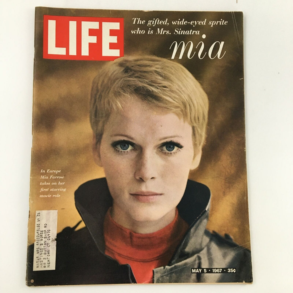 Vintage Life Magazine cover dated May 5, 1967, featuring Mia Farrow with short blonde hair, showcasing her iconic look while traveling in Europe. The cover highlights a feature about her taking on her first starring movie role.