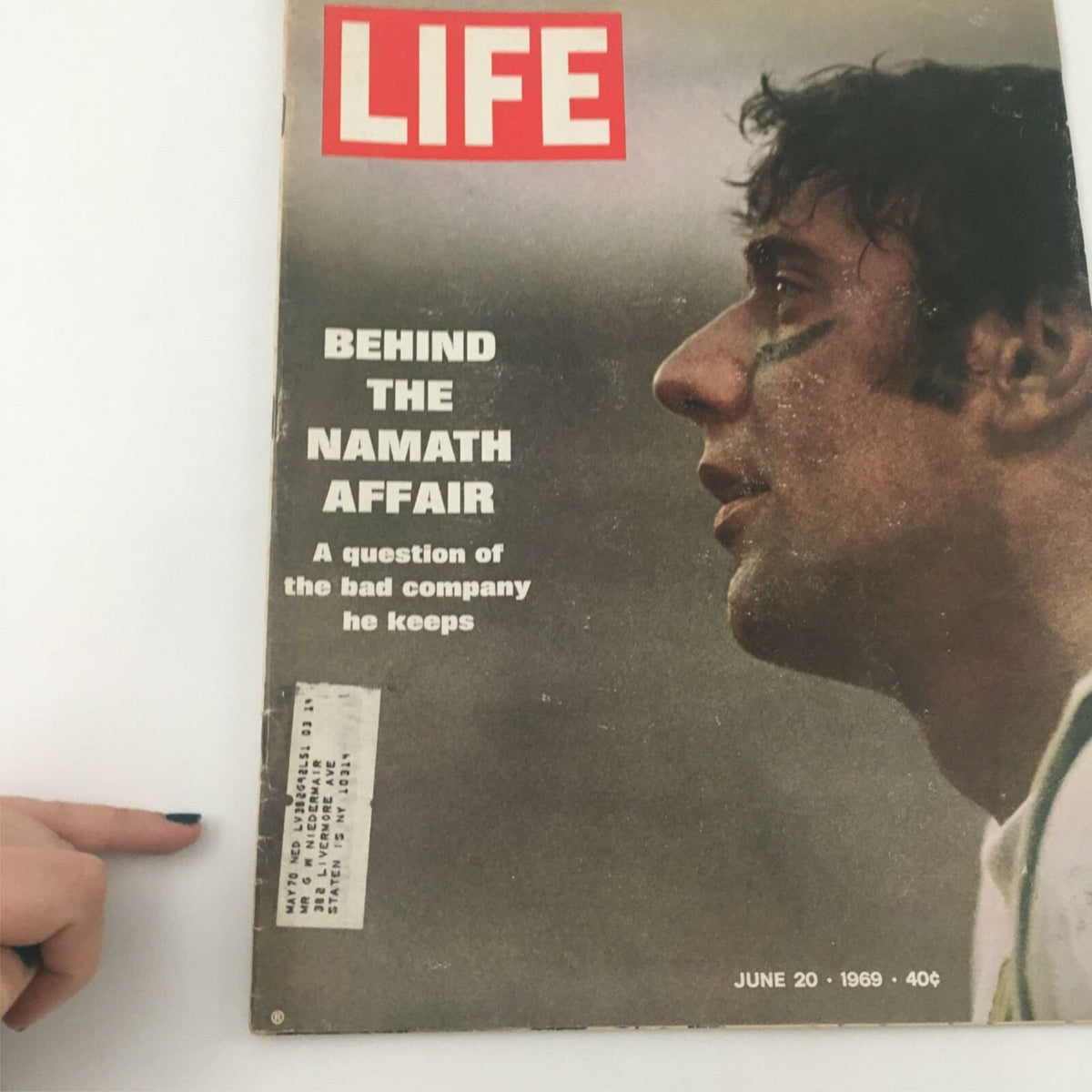 VTG Life Magazine June 20, 1969 Joe Namath cover, close-up view showing the headline 'A question of the bad company he keeps' and vintage magazine details.