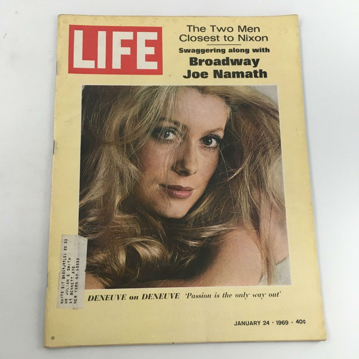 VTG Life Magazine January 24, 1969 Cover featuring Catherine Deneuve and Joe Namath, showcasing classic 1960s pop culture.
