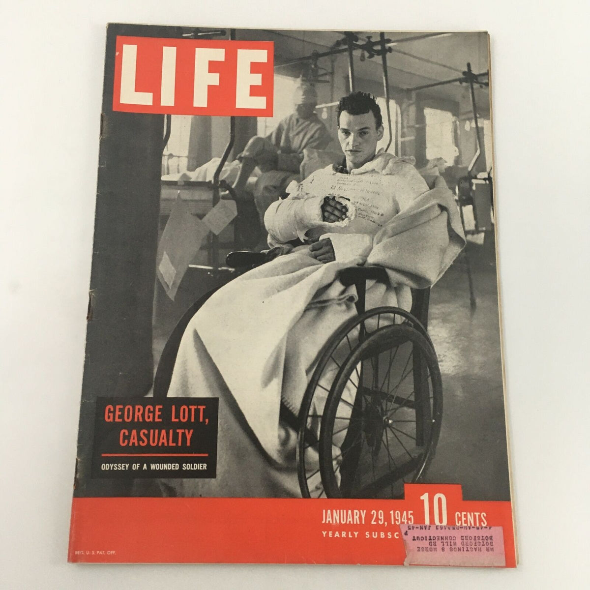 Cover of VTG Life Magazine dated January 29, 1945 featuring a wounded soldier, George Lott, in a wheelchair with the title 'Odyssey Of A Wounded Soldier'.