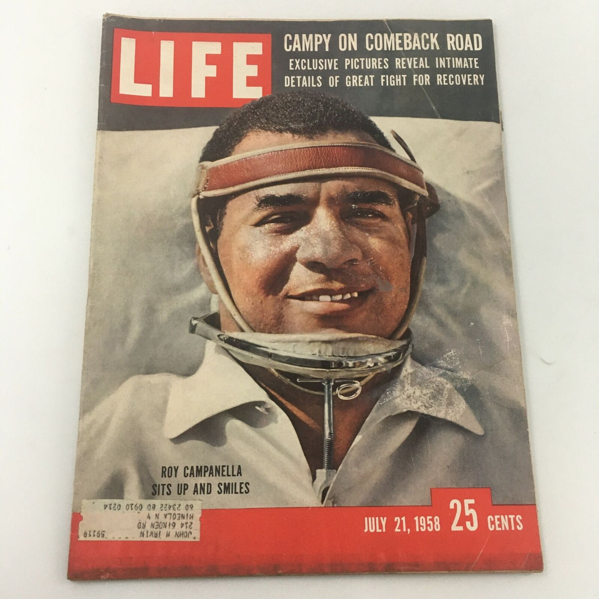 VTG Life Magazine July 21, 1958 featuring Roy Campanella, known as Campy on Comeback Road, showcasing his resilient spirit with a close-up of him smiling and wearing a baseball cap. Ideal for baseball enthusiasts.