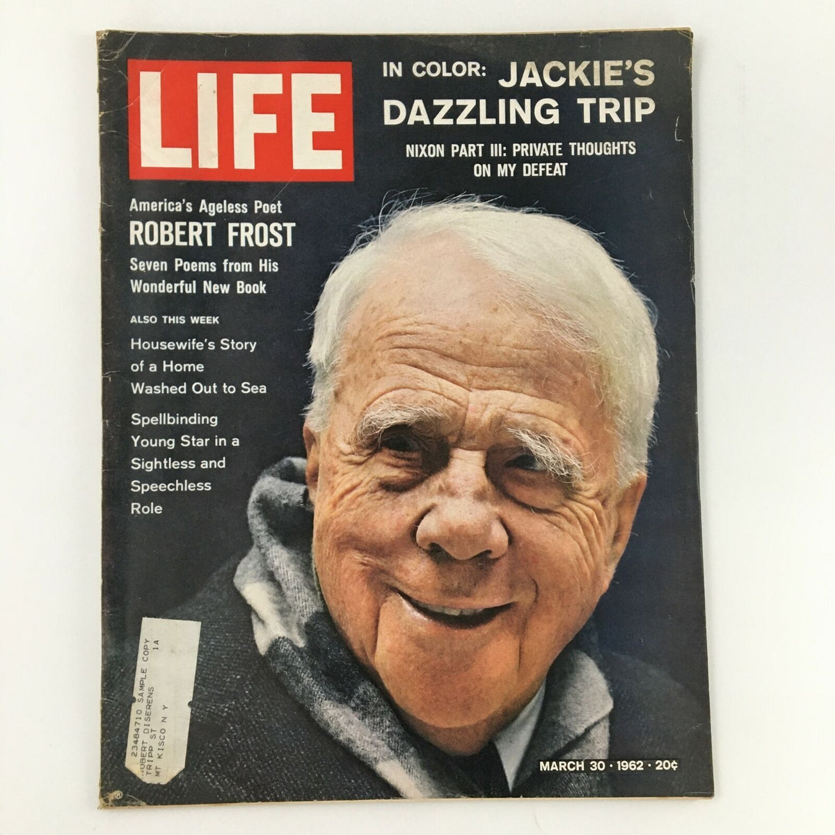 VTG Life Magazine March 30 1962 featuring America's Ageless Poet Robert Frost on the cover, showcasing a close-up photograph of Frost's smiling face, capturing the essence of his literary legacy.