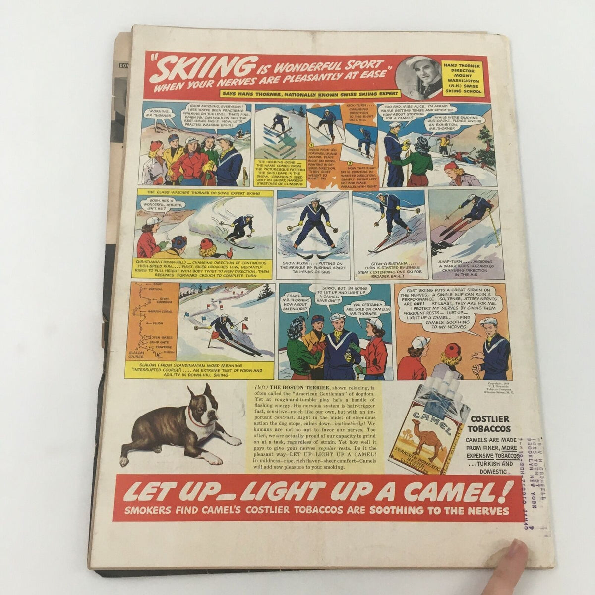 Back cover of VTG Life Magazine January 30 1939 featuring an advertisement related to skiing, colorful illustrations, and a Boston Terrier dog illustration.