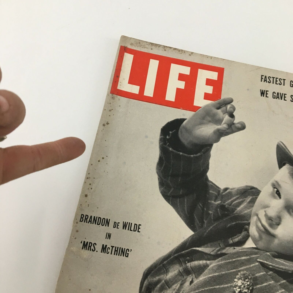 Close-up of the cover of VTG Life Magazine, March 10, 1952, showcasing Brandon de Wilde in 'Mrs. McThing' with visible wear and details.