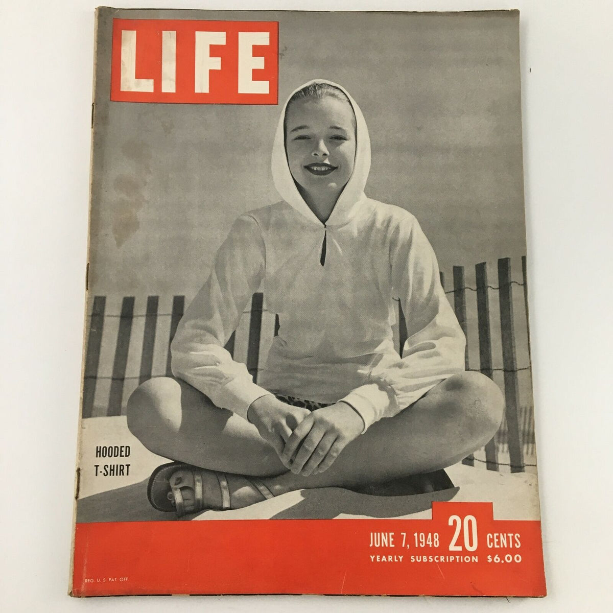 VTG Life Magazine June 7 1948 cover featuring a smiling girl in a hooded t-shirt, showcasing stylish vintage fashion and historical significance.