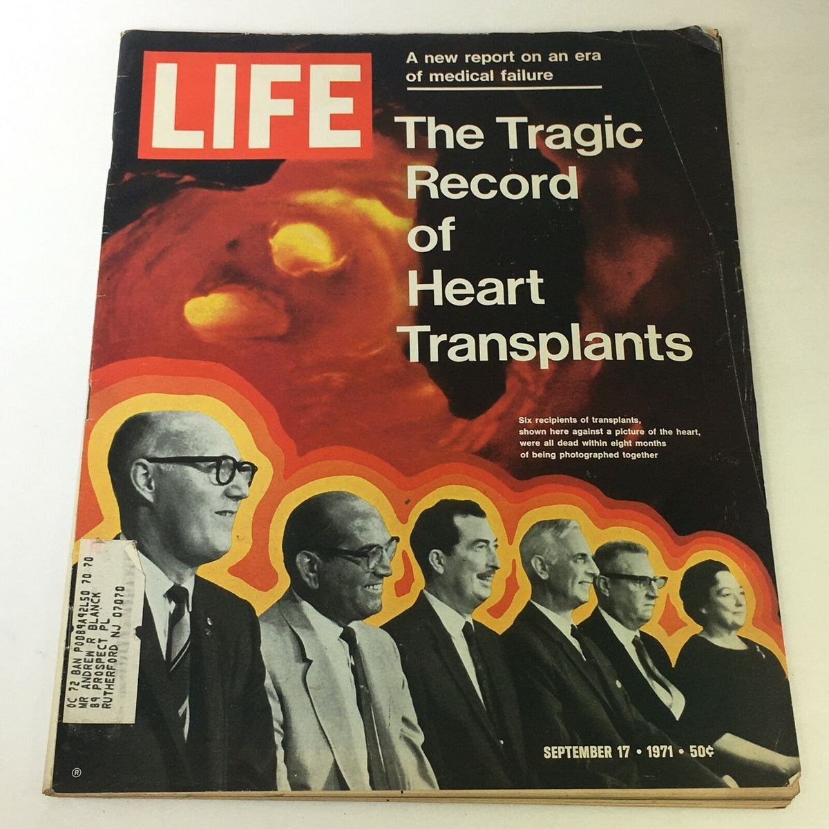 Vintage Life Magazine cover from September 17, 1971, featuring the title 'The Tragic Record of Heart Transplants' with a striking image of several individuals, highlighting the theme of organ transplants.