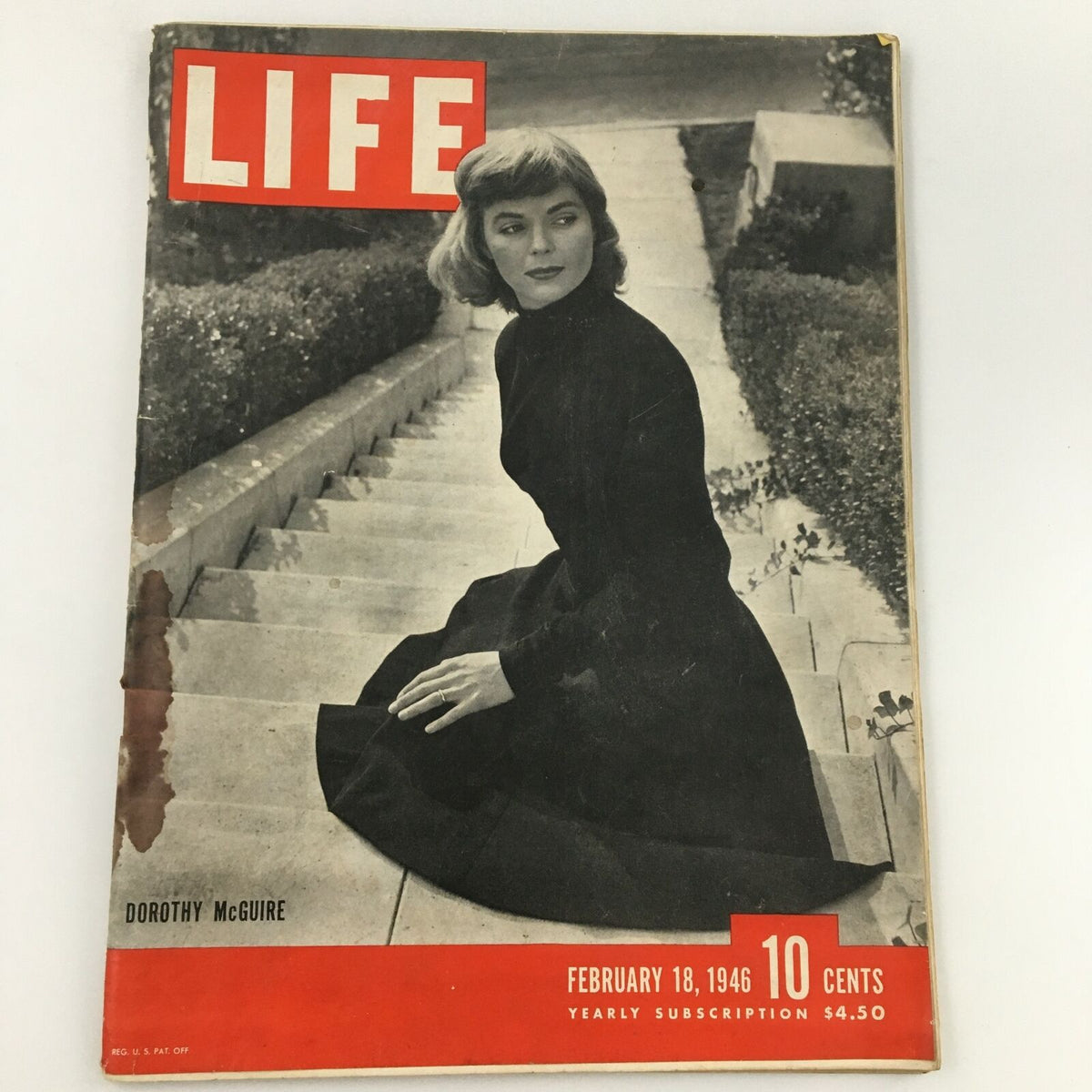 Cover of VTG Life Magazine February 18 1946 featuring Dorothy McGuire in a stylish black dress seated on stairs.