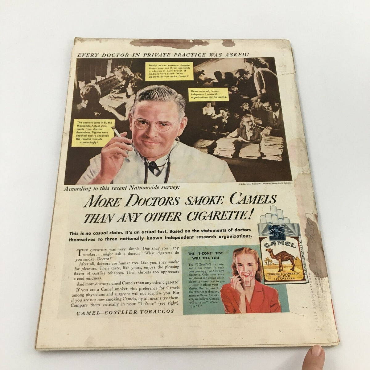 Back cover of VTG Life Magazine February 18 1946 featuring an advertisement for Camel cigarettes, presenting a doctor and related text.