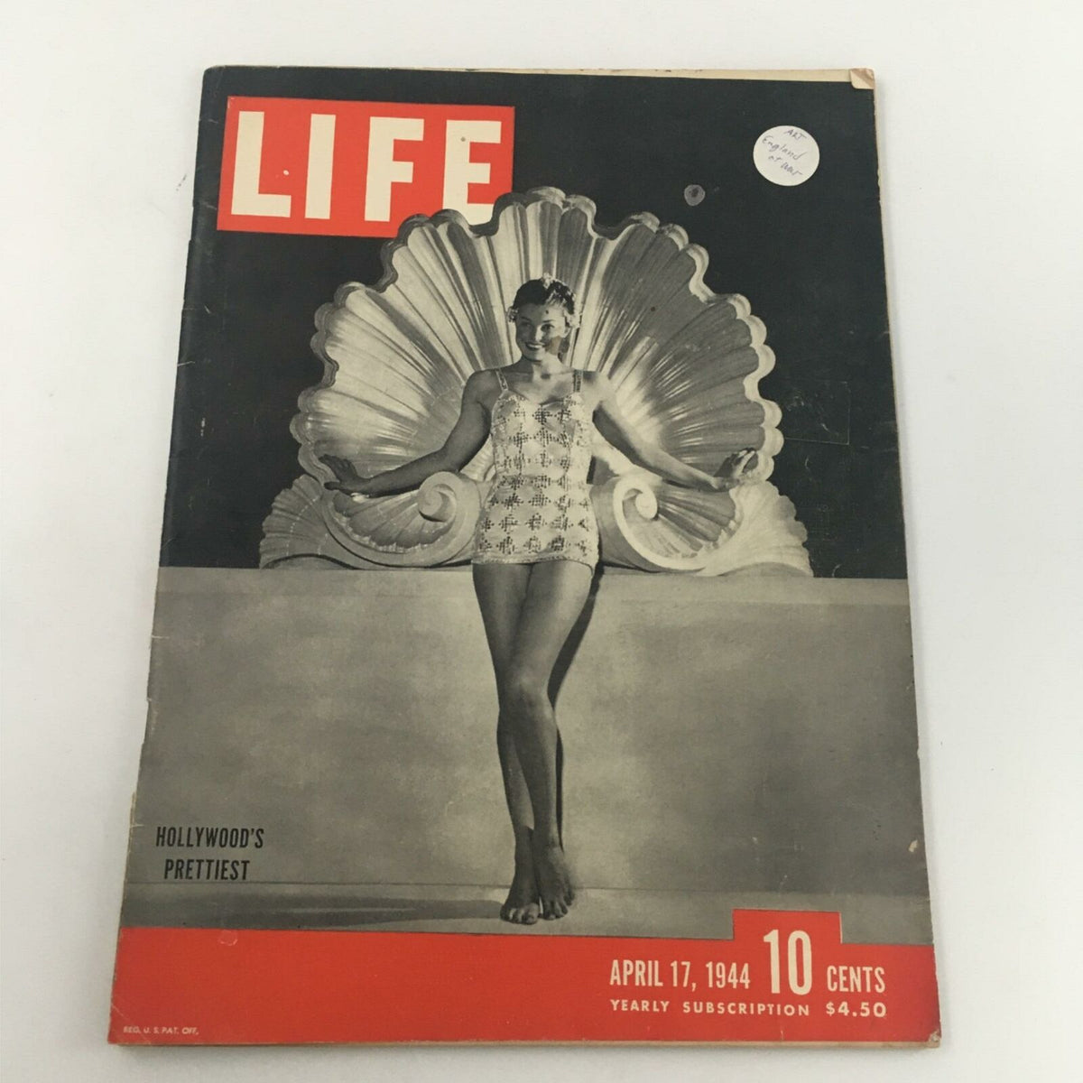 VTG Life Magazine April 17, 1944 cover featuring actress Esther Williams posing in a swimsuit against a decorative background, showcasing Hollywood's beauty in the 1940s.