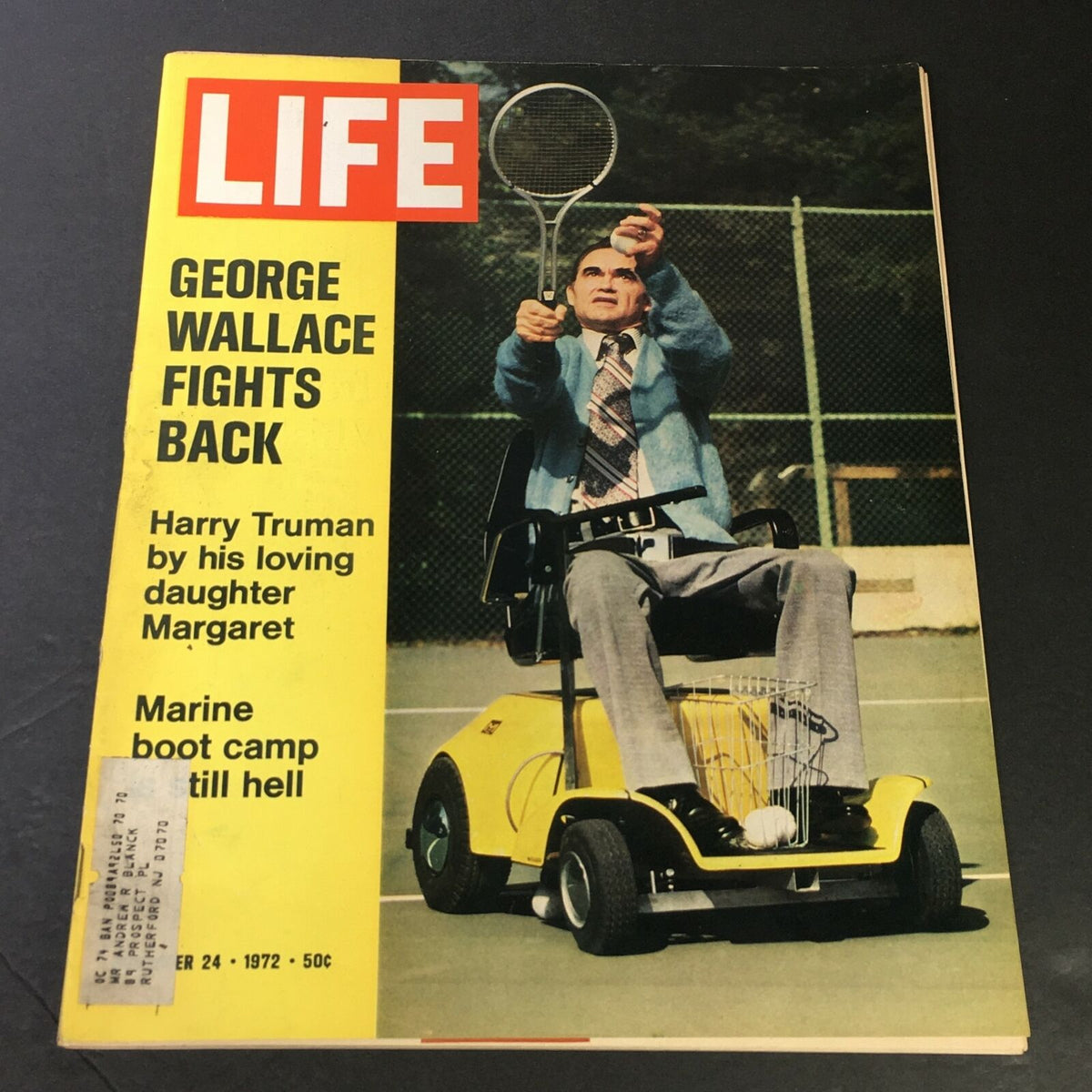 Cover of VTG Life Magazine from November 24, 1972 featuring George Wallace Fights Back and Harry Truman's legacy, showcasing a seated George Wallace on a tennis court holding a racket, surrounded by historical context.