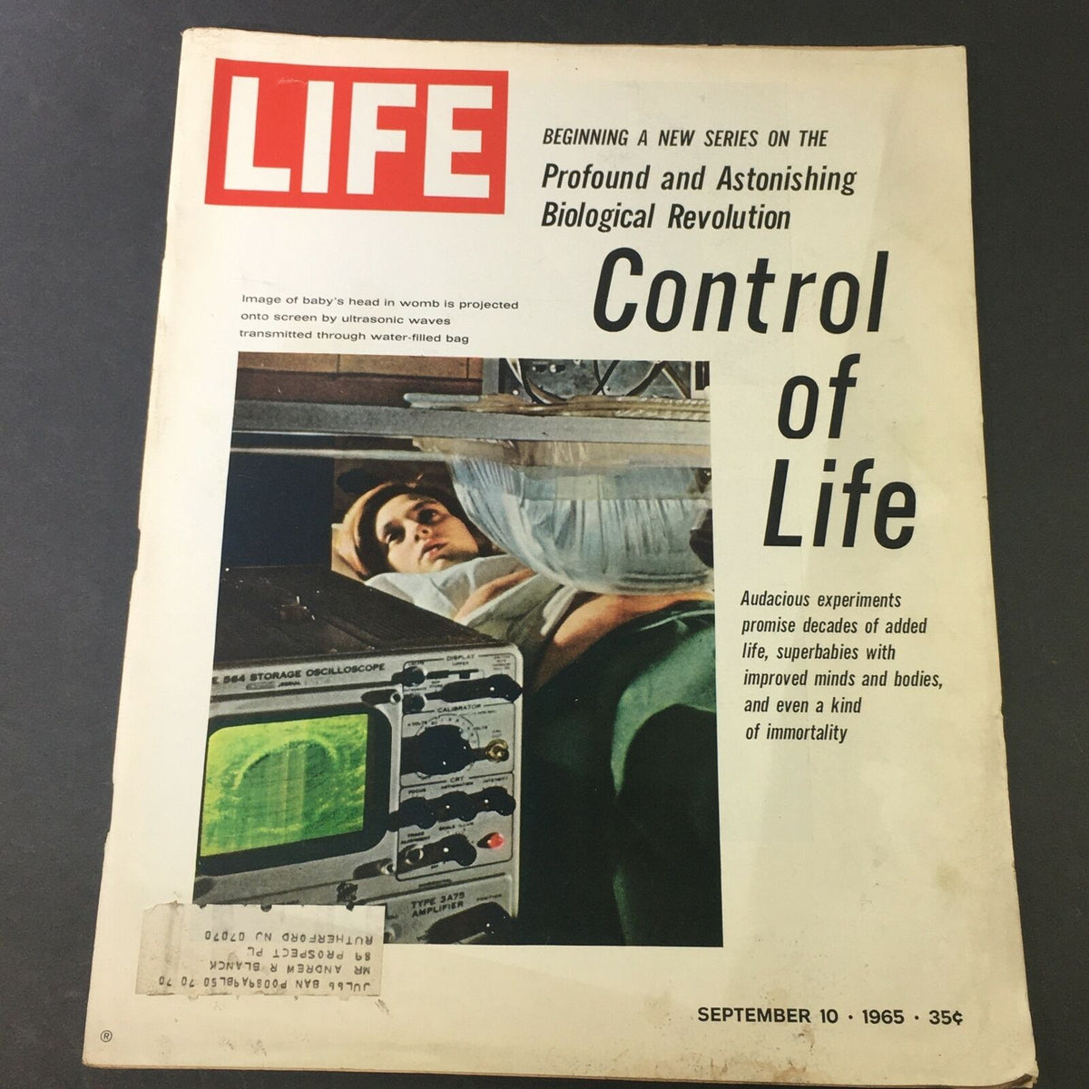 Cover of VTG Life Magazine September 10, 1965, featuring the title 'Control of Life' and an image depicting a baby's head in a womb projected onto a screen, related to the theme of the Biological Revolution.