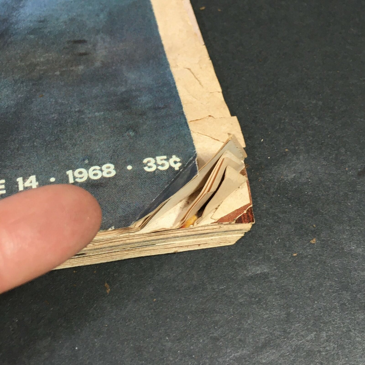 Close-up of the edge of VTG Life Magazine June 14, 1968, showing wear and creases, highlighting its vintage condition.