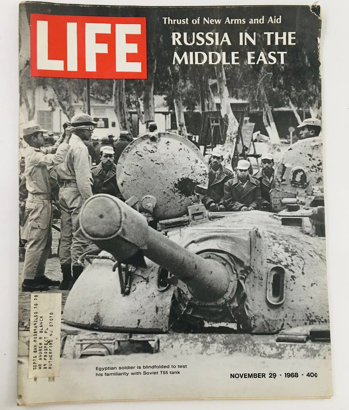 VTG Life Magazine November 29 1968 cover featuring an Egyptian soldier with a Soviet T55 tank, highlighting historical military themes.