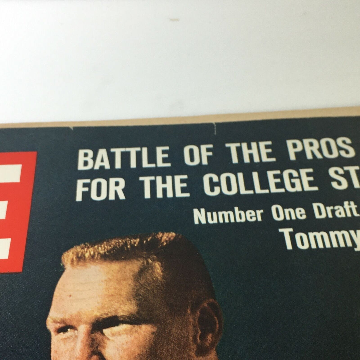 Close-up of the cover text from VTG Life Magazine December 10 1965, highlighting the article about linebacker Tommy Nobis, the number one draft choice.