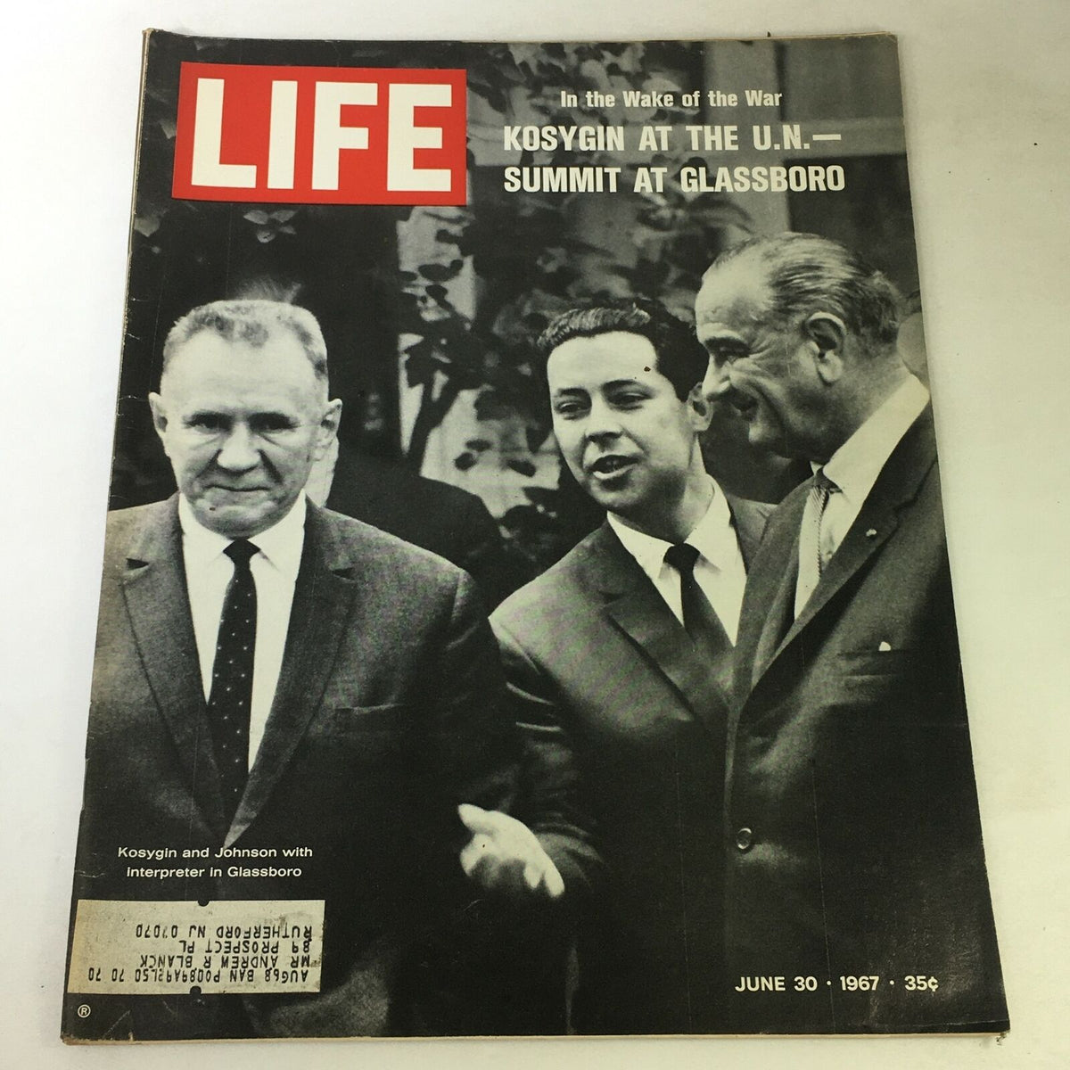 Cover of VTG Life Magazine dated June 30 1967 featuring Alexei Kosygin and Lyndon Johnson at the United Nations, showcasing a significant historical moment in mid-20th century politics.