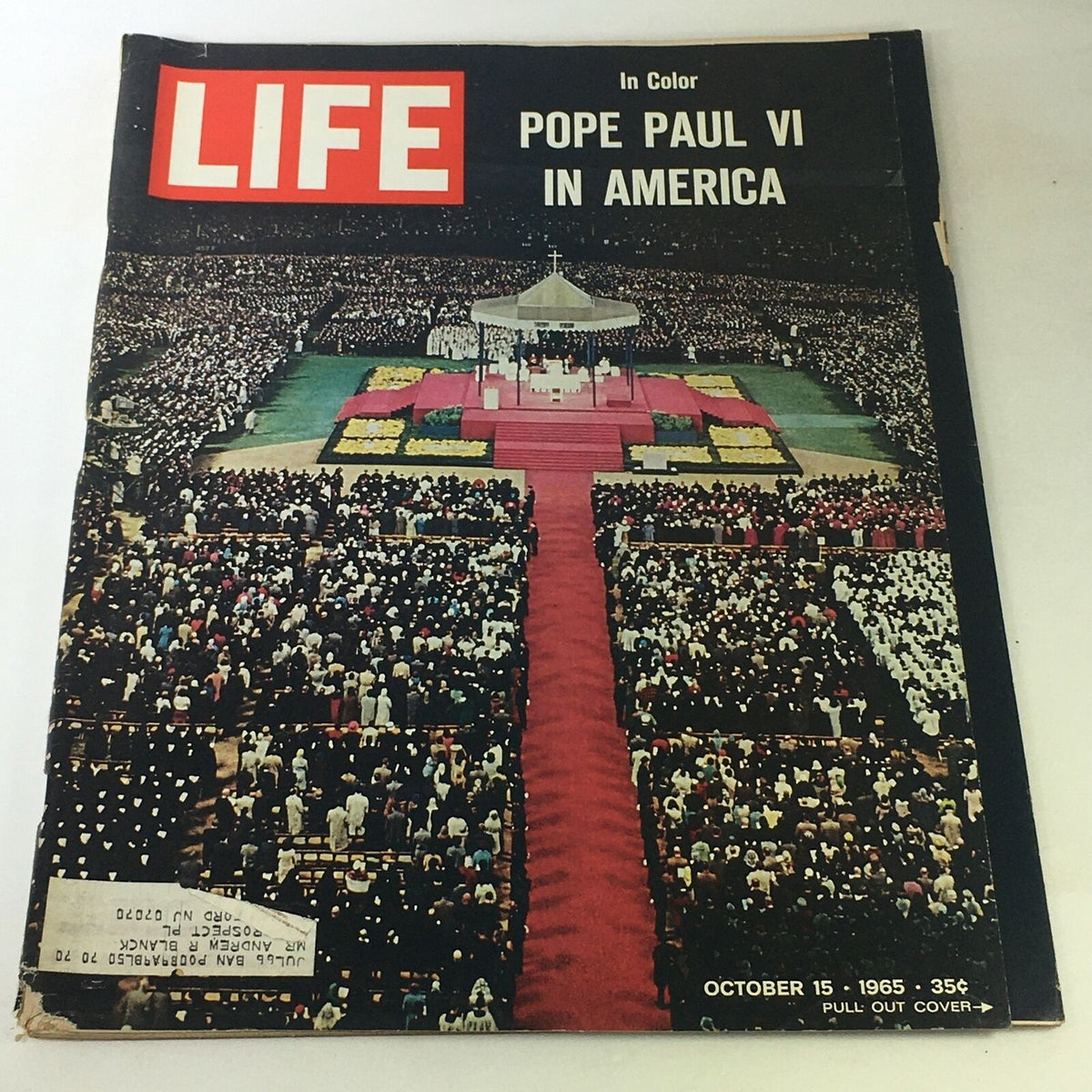 Vintage Life Magazine cover from October 15, 1965 featuring Pope Paul VI in America, showcasing a large audience gathered for the historic event.