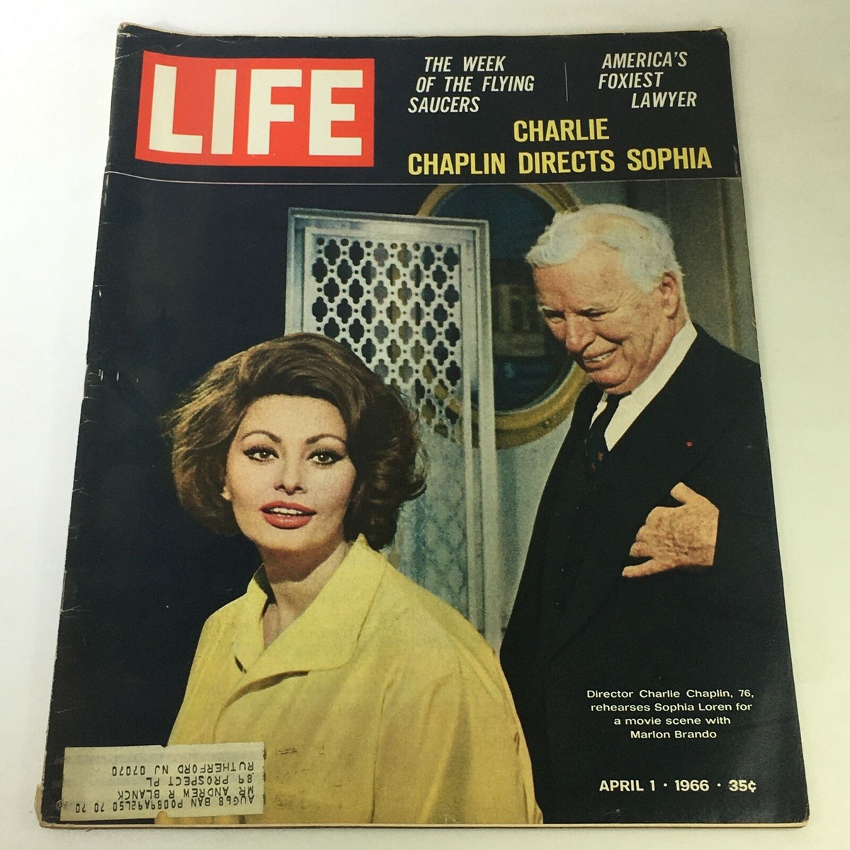 VTG Life Magazine April 1 1966 featuring Charlie Chaplin directing Sophia Loren on the cover, showcasing classic Hollywood glamour.