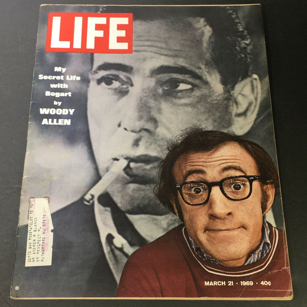 Cover of VTG Life Magazine dated March 21, 1969, featuring the article 'My Secret Life with Bogart' by Woody Allen, showcasing a portrait of Humphrey Bogart and Woody Allen.
