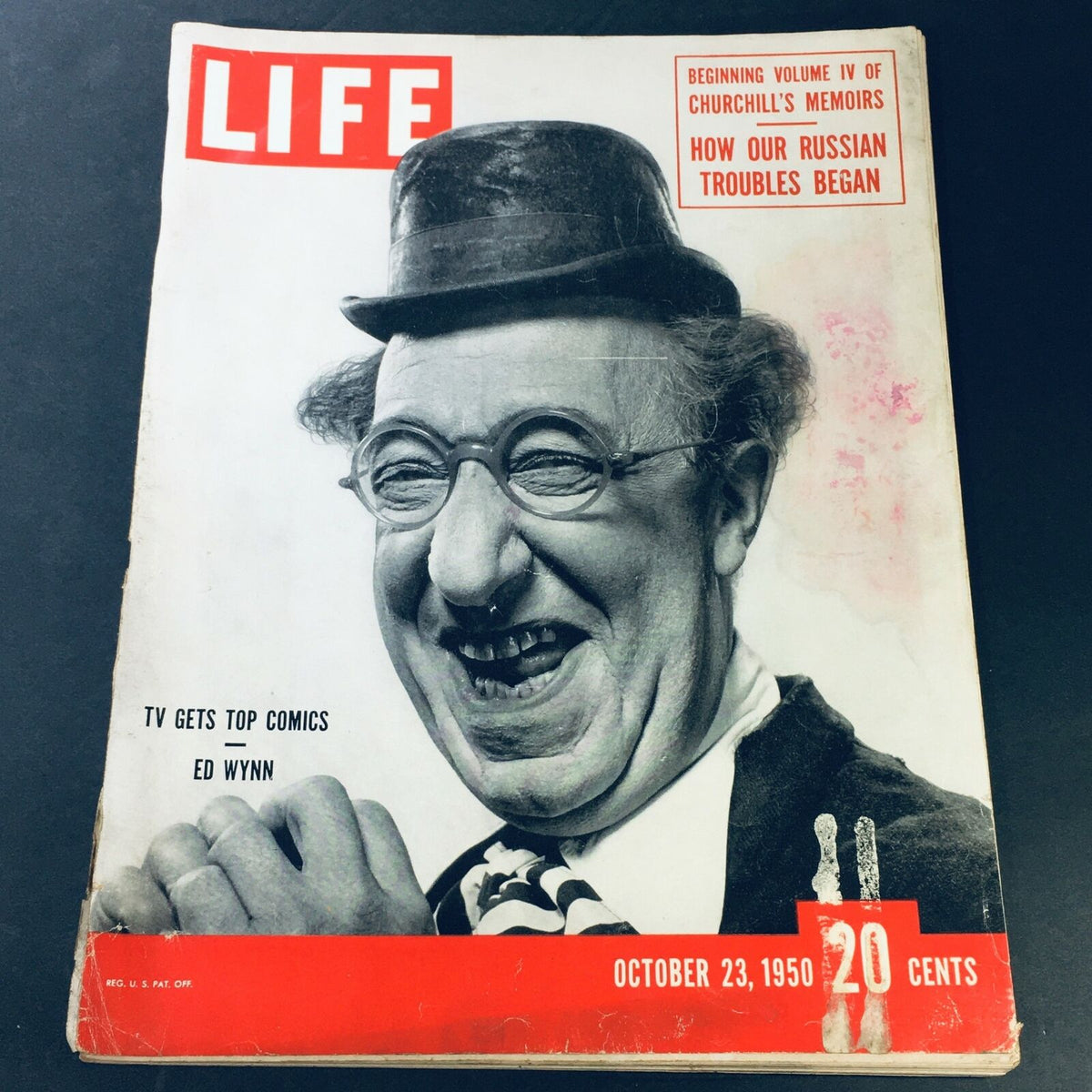 Vintage Life Magazine cover from October 23, 1950 featuring Ed Wynn with the text 'TV Gets Top Comics'. The magazine highlights Ed Wynn's role in television amidst cultural and political commentary, including Russian relations.
