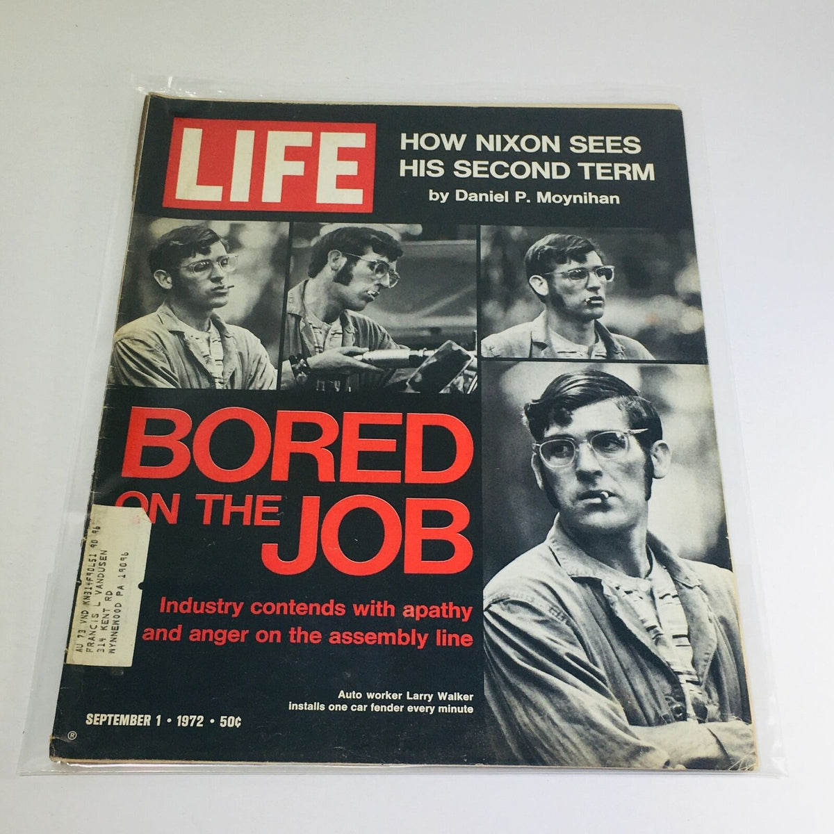 VTG Life Magazine cover from September 1, 1972 featuring the title 'Bored On The Job' and the article 'How Nixon Sees His Second Term', showcasing images of an auto worker, Larry Walker, reflecting the workplace culture of the early 1970s.