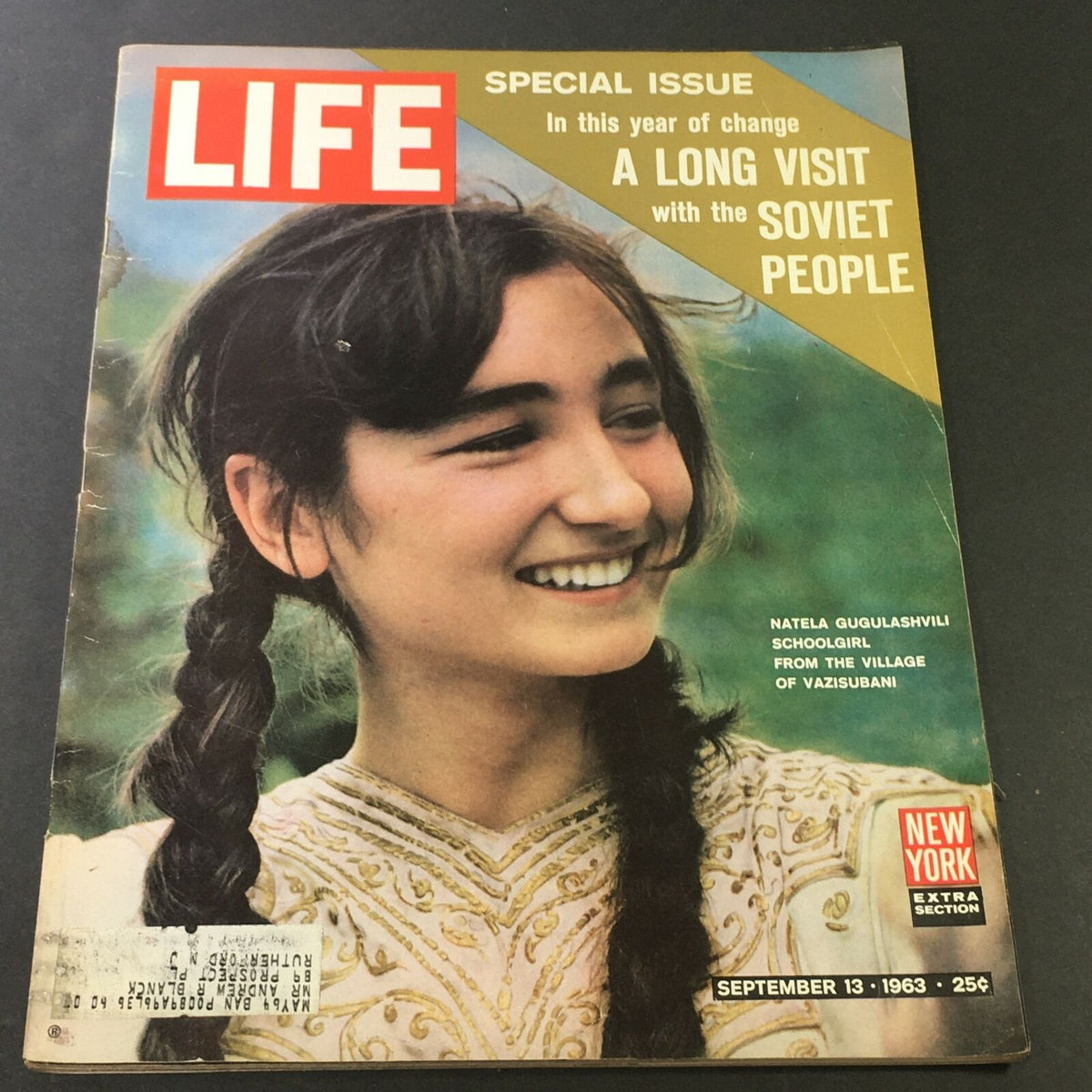 Vintage Life Magazine September 13 1963 featuring Natela Gugulashvili, a schoolgirl from Vazisubani, showcasing her joyful expression on the cover.