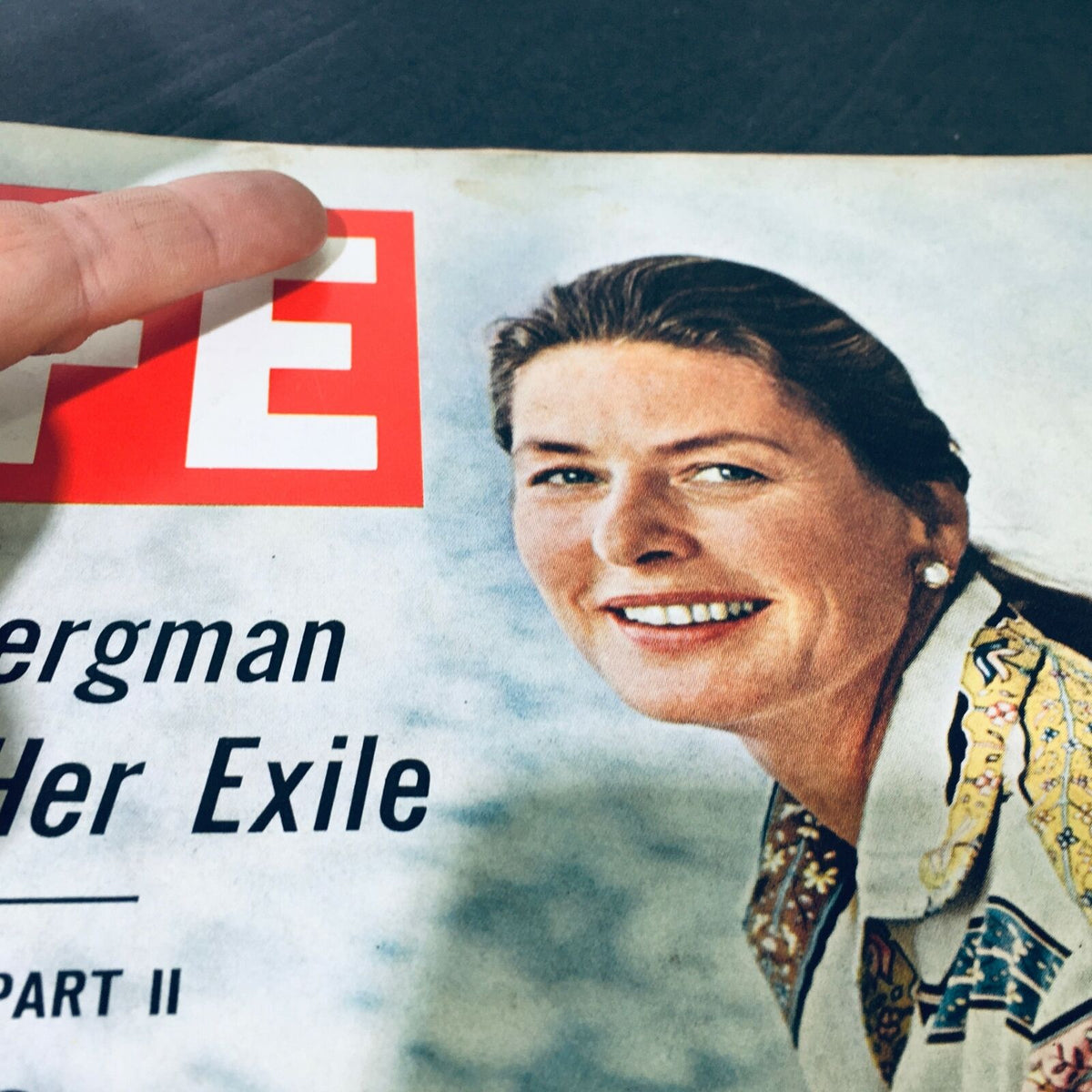 Detailed look at the cover of VTG Life Magazine October 13 1967 featuring Ingrid Bergman Ends Her Exile, showcasing her smiling portrait and colorful attire.
