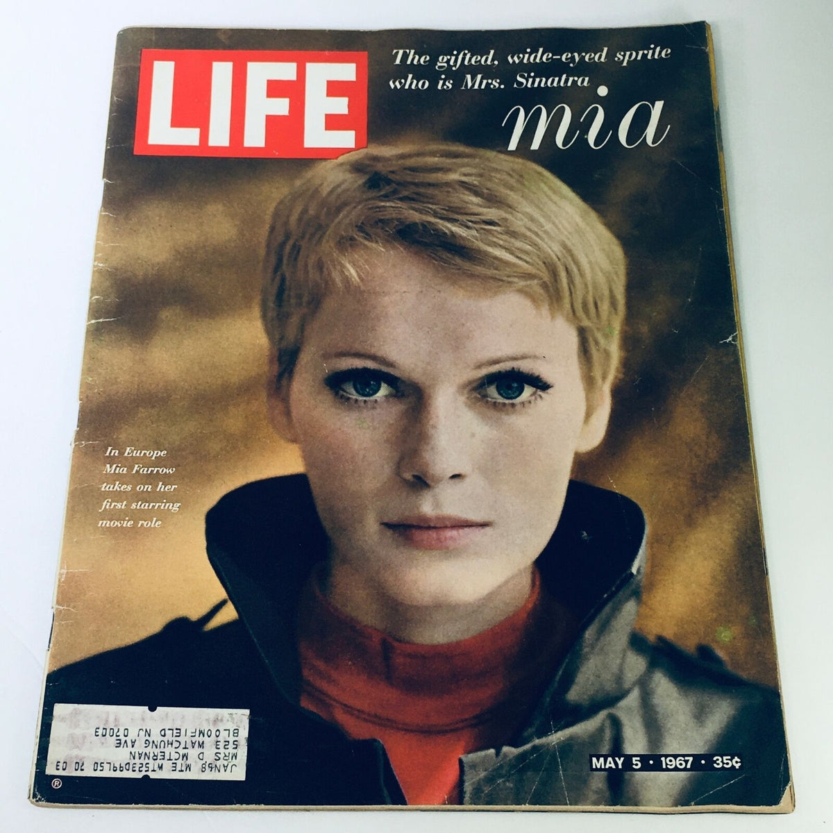 Vintage Life Magazine cover from May 5, 1967, featuring Mia Farrow as she takes on her first starring movie role. The cover highlights her captivating gaze and style, emblematic of the late 1960s.