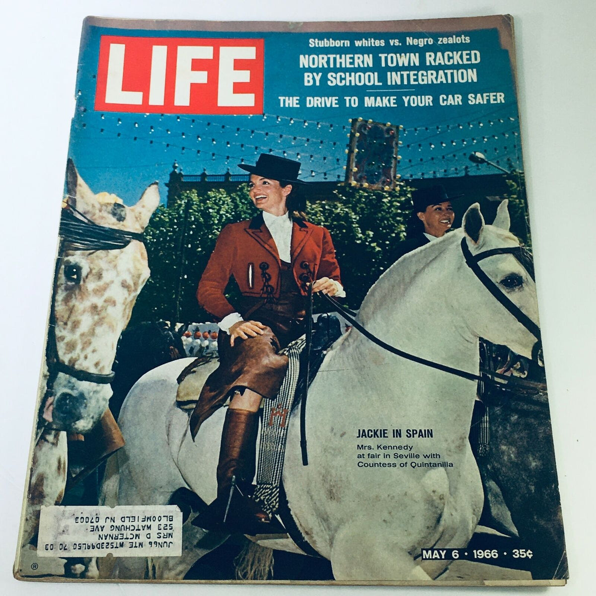 VTG Life Magazine May 6 1966 featuring Jacqueline Kennedy Onassis in Seville, Spain, showcasing her riding a horse at a fair in a stylish outfit.