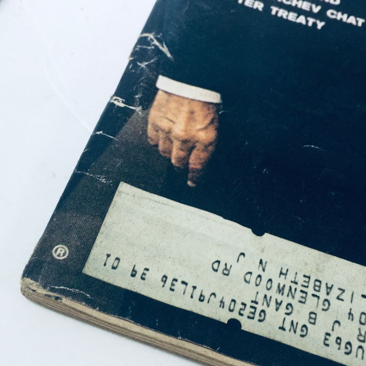 Close-up of the vintage Life Magazine from August 9, 1963, showing details of the cover, including a hand and address label, emphasizing its collectible nature.