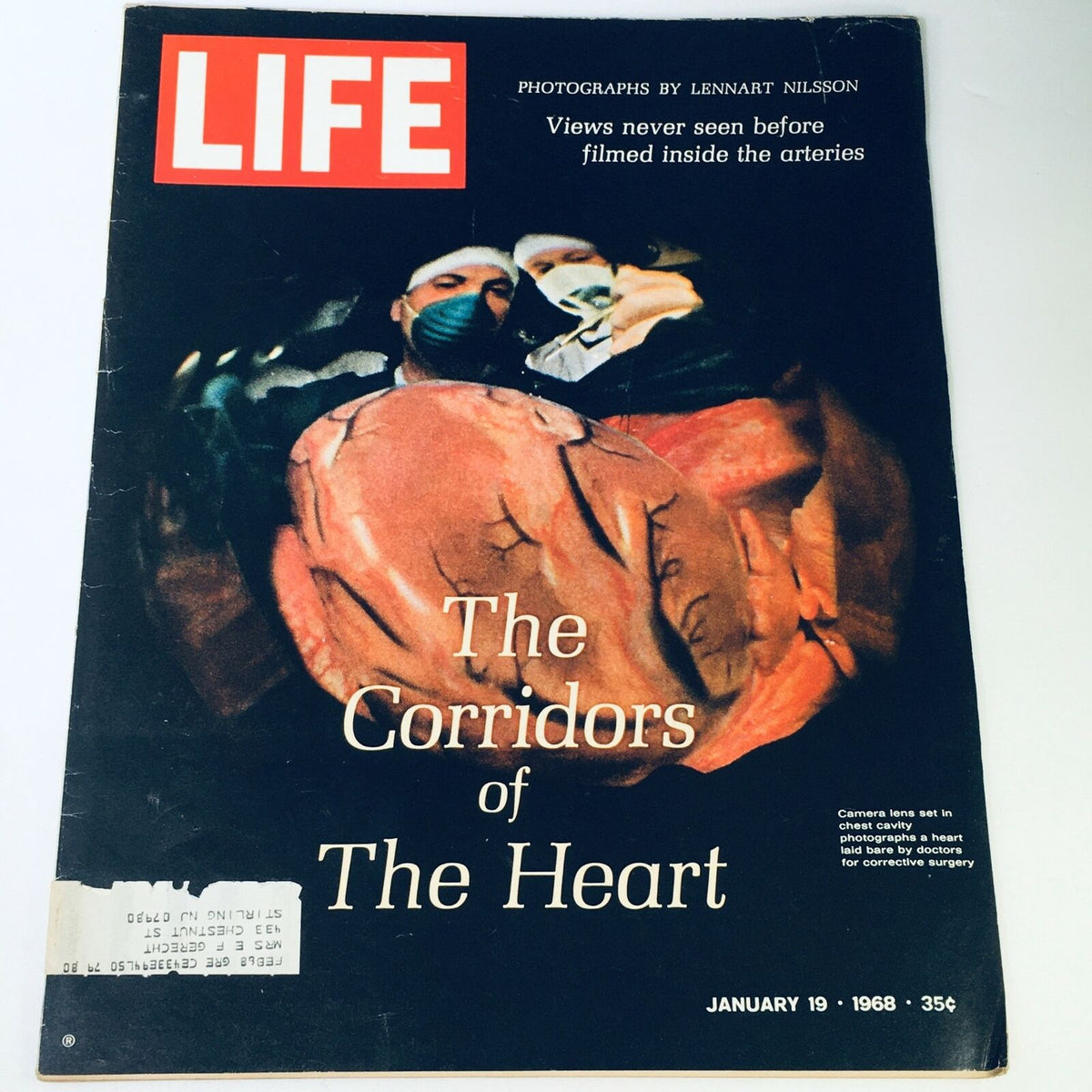 Life Magazine cover from January 19, 1968, featuring the title 'The Corridors of The Heart.' The cover showcases a striking image related to heart surgery, with medical professionals depicted in a surgical setting, emphasizing the magazine's focus on medical advancements and heart health.