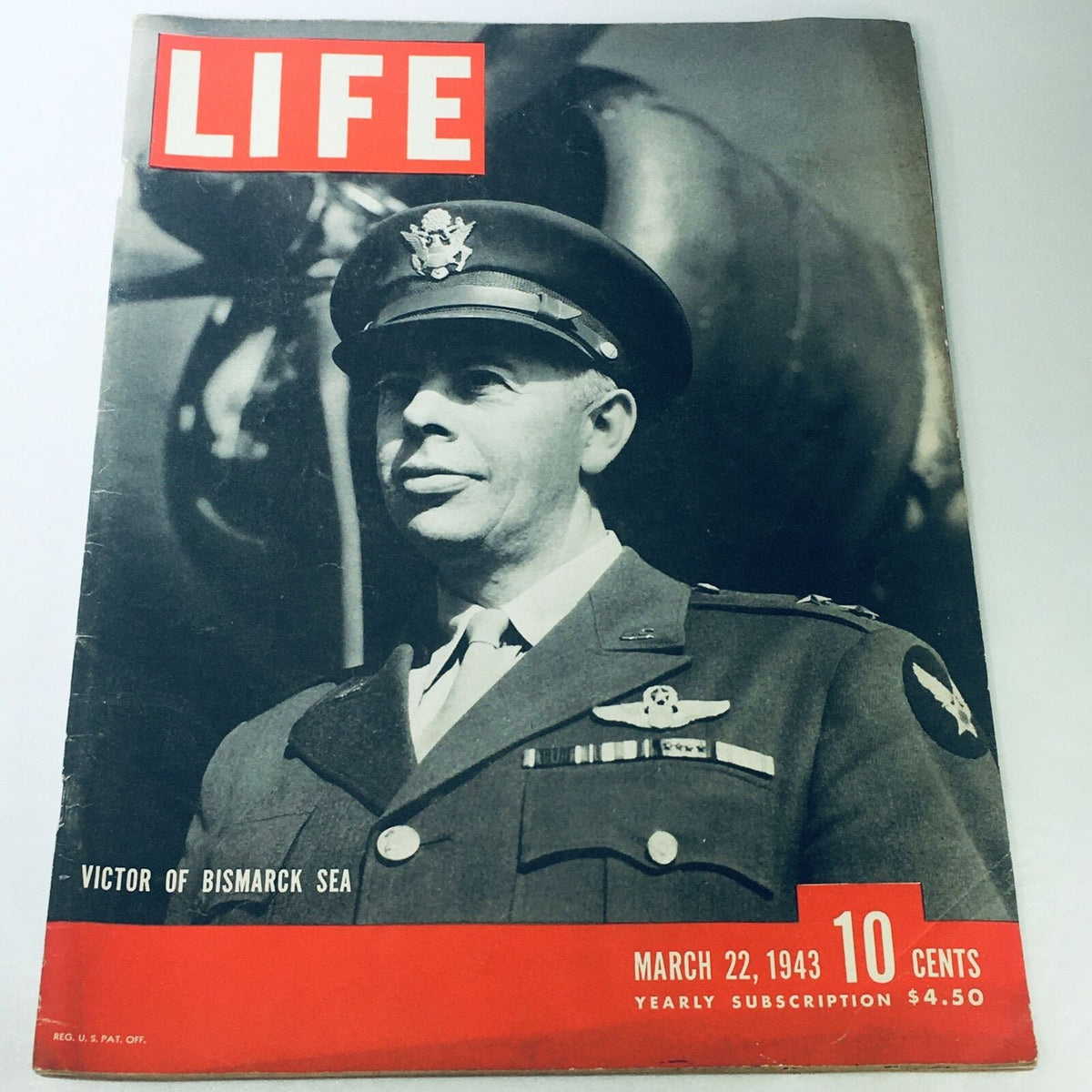 Cover of VTG Life Magazine, March 22, 1943, featuring the headline 'Victor of Bismarck Sea' and depicting a military figure in uniform.