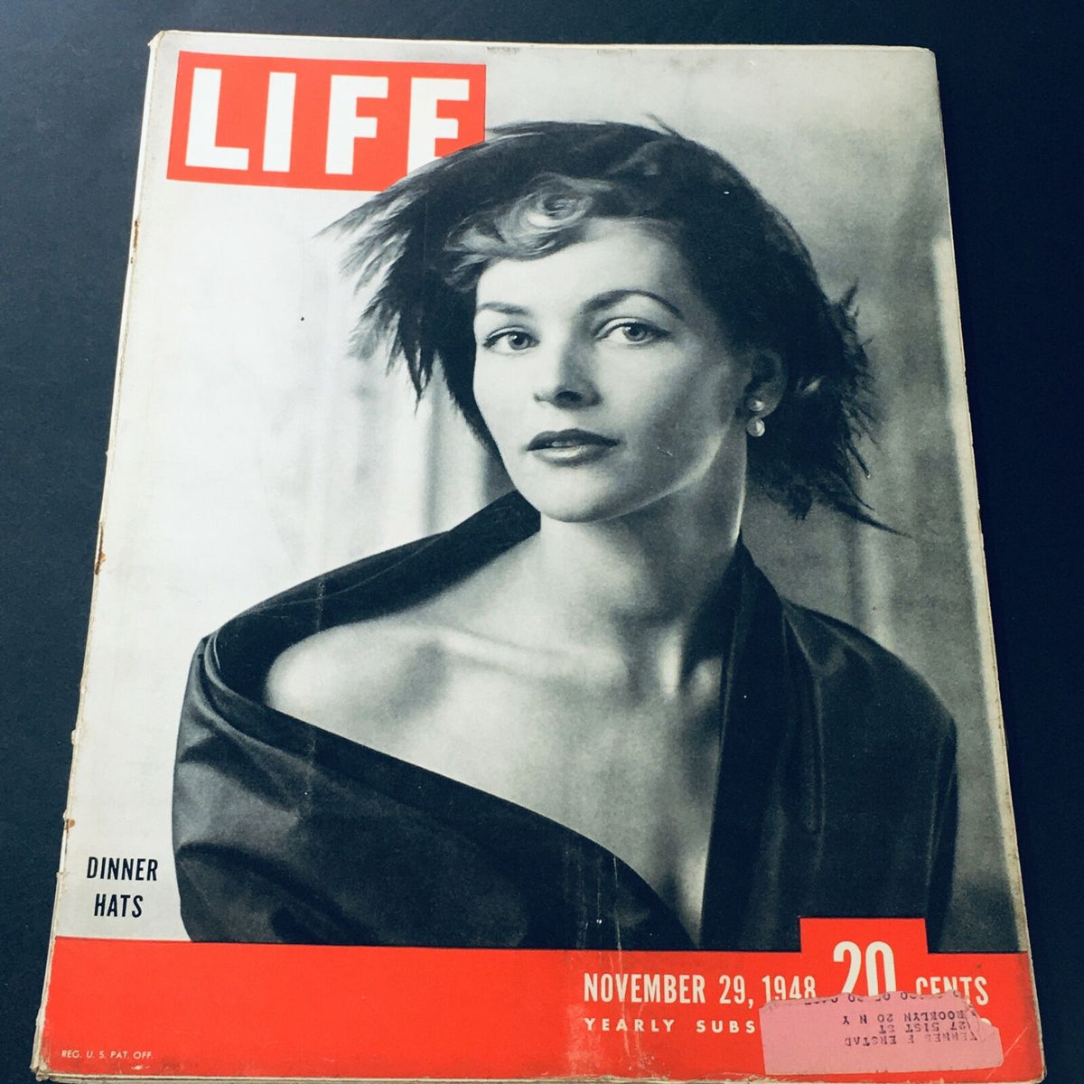Cover of VTG Life Magazine from November 29, 1948, featuring a woman in a classic dinner hat with an elegant hairstyle.