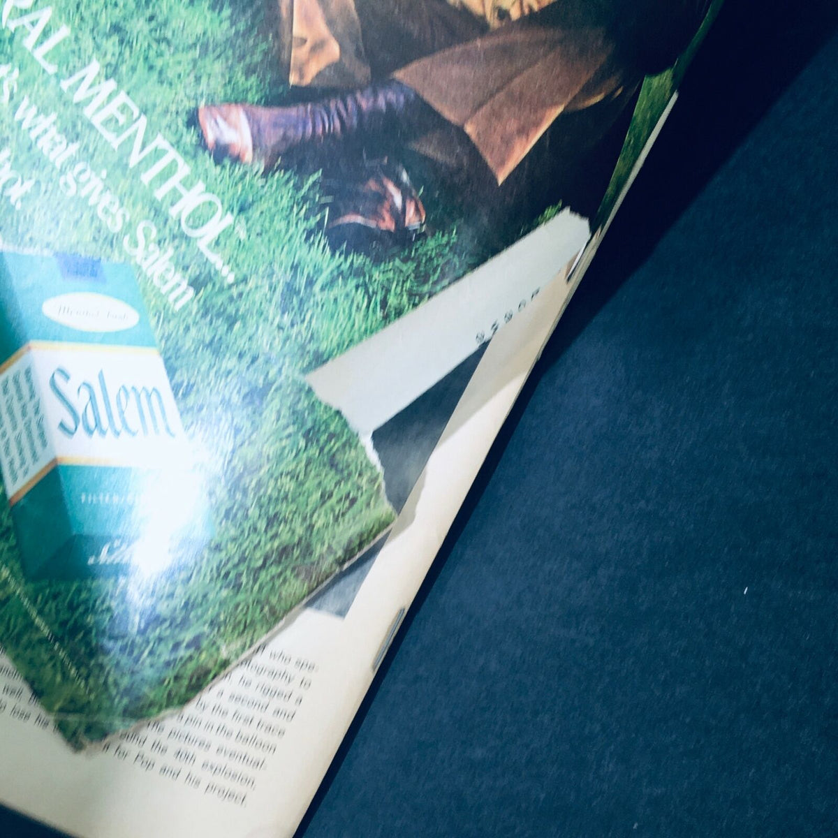 Close-up image of a vintage Life Magazine from May 5, 1972, showing a Salem cigarette advertisement on grass, with visible wear and torn edges. This image is part of the edition 'VTG Life Magazine May 5 1972 - Cathy Rigby / The Hunger of Hubert Humphrey.'
