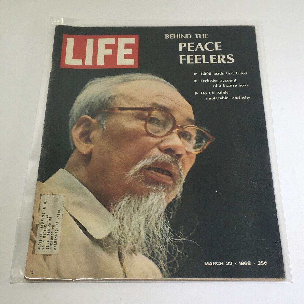 Vintage Life Magazine cover from March 22, 1968, featuring the title 'Behind The Peace Feelers' and a portrait of Ho Chi Minh, symbolizing the era of peace negotiations during the Vietnam War.